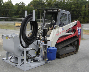 The Mainstay PortaMortar is powered by the use of a skid steer loader